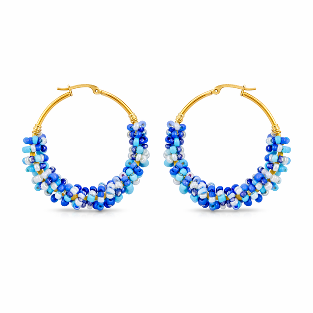OOAK Blue Beaded Hoop Earrings – Gold Plated Stainless Steel, 2" Handmade Hoops