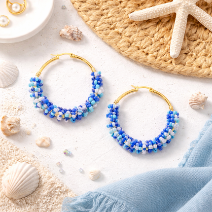 OOAK Blue Beaded Hoop Earrings – Gold Plated Stainless Steel, 2" Handmade Hoops