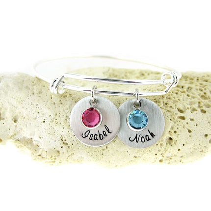 Mother's Birthstone and Name Disc Bangle Bracelet