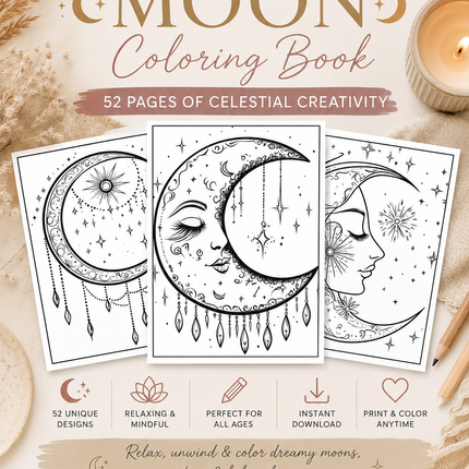 Boho Moon Coloring Book – 52 Page Instant Download