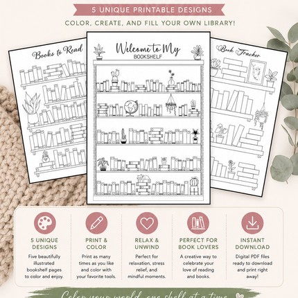 Bookshelf Coloring Pages Bundle – Printable Book Tracker (5 Unique Designs, PDF Download)