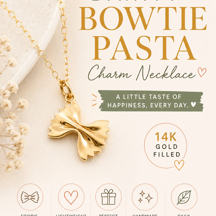 Dainty Bowtie Pasta Charm Necklace – 14k Gold Filled | Handmade Foodie Gift