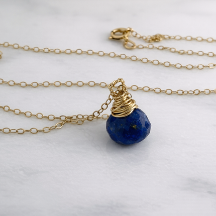 Lapis Lazuli Briolette Necklace – 14k Gold Filled – Hand Wrapped Gemstone Pendant