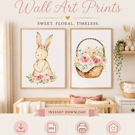 Set of 2 Bunny Nursery Wall Art Prints – 16x20 Floral Bunny & Basket – Instant Download PDF – Baby Girl Room Decor