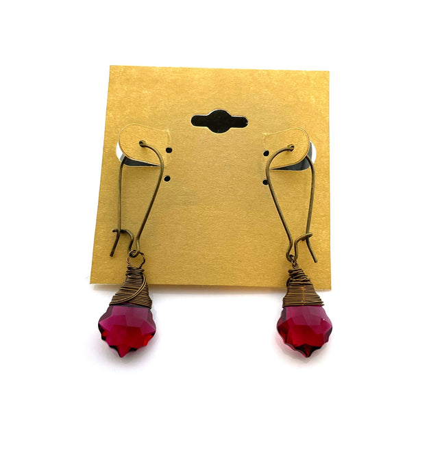 Ruby Swarovski Crystal Briolette Wire Wrapped Earrings in Bronze