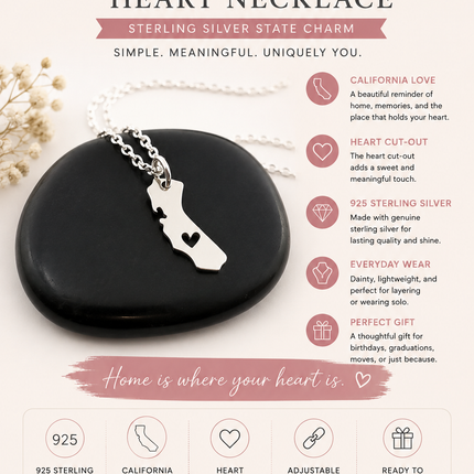California State Heart Cut Out Charm Sterling Silver Necklace