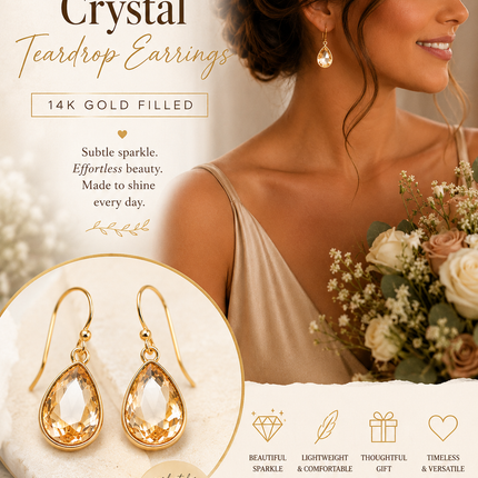 Champagne Crystal Teardrop Earrings – 14K Gold Filled