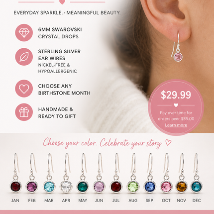 Tiny Sterling Silver Birthstone Drop Earrings – 6mm Swarovski Crystals