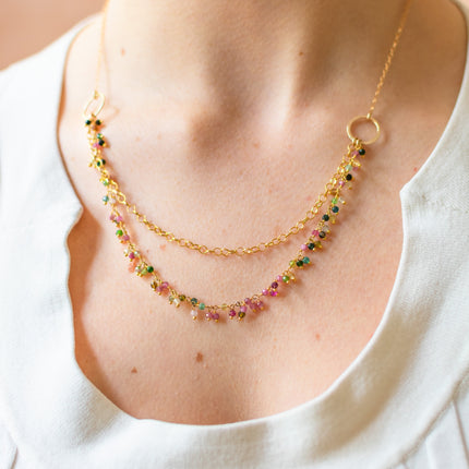 One of a Kind Tourmaline Cluster Necklace – Dual Layer Gold Filled Statement Necklace – Handmade in Raleigh