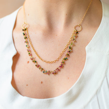 One of a Kind Tourmaline Cluster Necklace – Dual Layer Gold Filled Statement Necklace – Handmade in Raleigh