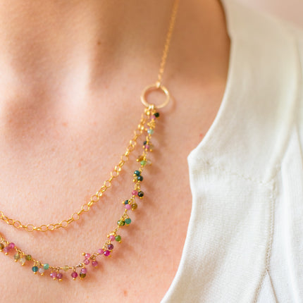 One of a Kind Tourmaline Cluster Necklace – Dual Layer Gold Filled Statement Necklace – Handmade in Raleigh