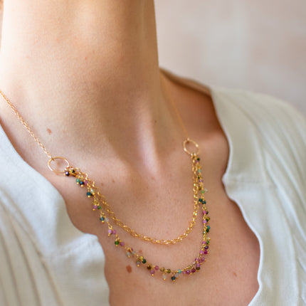 One of a Kind Tourmaline Cluster Necklace – Dual Layer Gold Filled Statement Necklace – Handmade in Raleigh