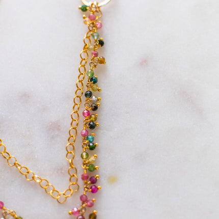 One of a Kind Tourmaline Cluster Necklace – Dual Layer Gold Filled Statement Necklace – Handmade in Raleigh