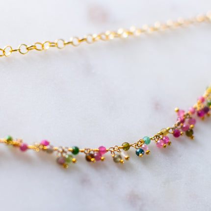 One of a Kind Tourmaline Cluster Necklace – Dual Layer Gold Filled Statement Necklace – Handmade in Raleigh