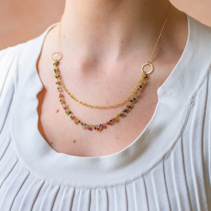 One of a Kind Tourmaline Cluster Necklace – Dual Layer Gold Filled Statement Necklace – Handmade in Raleigh