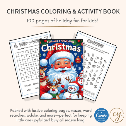 Kids Christmas Coloring & Activity Book – 100-Page Canva Template for Printable Holiday Fun