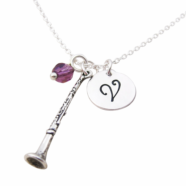 Personalized Clarinet Charm Necklace – Initial Pendant, 18 Inch Sterling Silver Chain, Music Gift