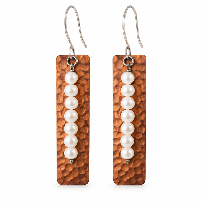 Hammered Copper & Freshwater Pearl Bar Earrings – Mixed Metal Rustic Dangles – Sterling Silver Earwires – Handmade in Raleigh