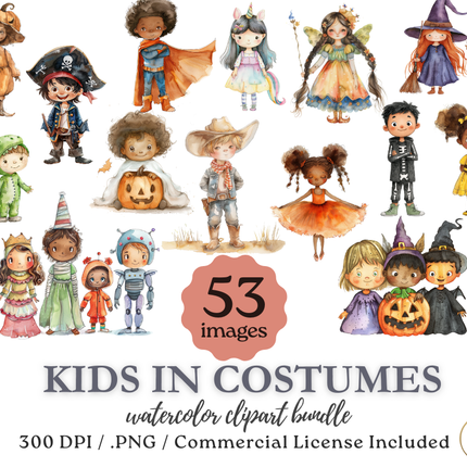 Kids in Costumes Watercolor Clip Art Bundle | 53 Cute Halloween Costume Children PNGs