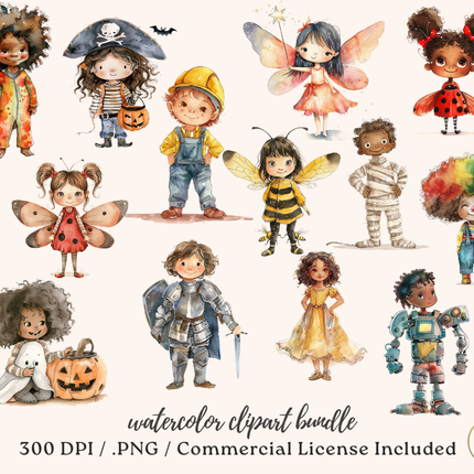 Kids in Costumes Watercolor Clip Art Bundle | 53 Cute Halloween Costume Children PNGs