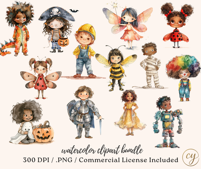 Kids in Costumes Watercolor Clip Art Bundle | 53 Cute Halloween Costume Children PNGs
