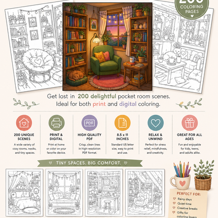 200 Cozy Pocket Room Coloring Pages – Printable PDF or Use Digitally