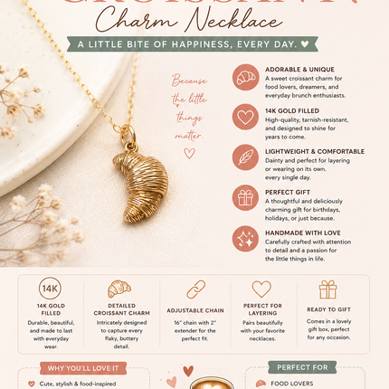 Dainty Croissant Charm Necklace – 14k Gold Filled | Handmade Foodie Gift