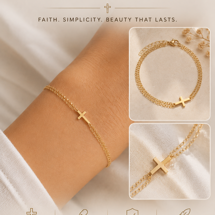 14k Gold Filled Cross Bracelet – Double Chain Layered Bracelet