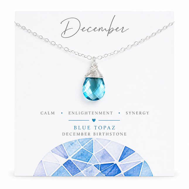 Blue Topaz Quartz Necklace December Birthstone Sterling Silver Wire Wrapped Briolette Pendant Gift for Her