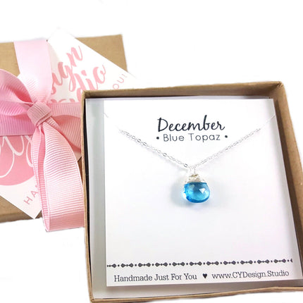Blue Topaz Quartz Necklace December Birthstone Sterling Silver Wire Wrapped Briolette Pendant Gift for Her