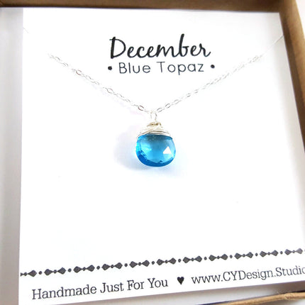 Blue Topaz Quartz Necklace December Birthstone Sterling Silver Wire Wrapped Briolette Pendant Gift for Her
