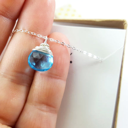 Blue Topaz Quartz Necklace December Birthstone Sterling Silver Wire Wrapped Briolette Pendant Gift for Her