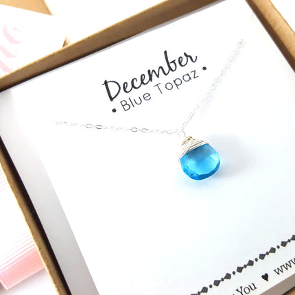 Blue Topaz Quartz Necklace December Birthstone Sterling Silver Wire Wrapped Briolette Pendant Gift for Her
