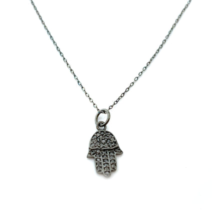 Pave Diamond Hamsa Hand Oxidized Sterling Silver Necklace
