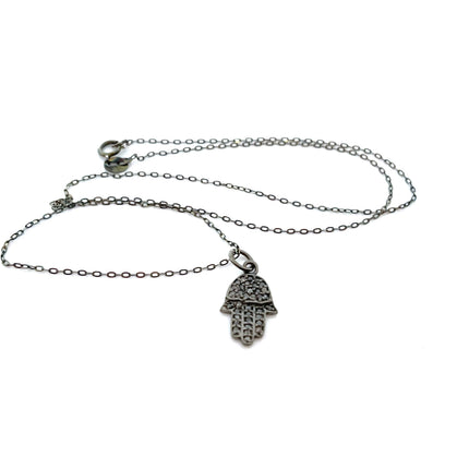 Pave Diamond Hamsa Hand Oxidized Sterling Silver Necklace