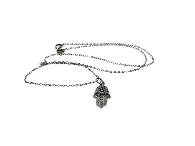 Pave Diamond Hamsa Hand Oxidized Sterling Silver Necklace