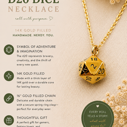 D20 Dice Necklace – 14k Gold Filled DnD Charm Jewelry, Handmade Gift for Her