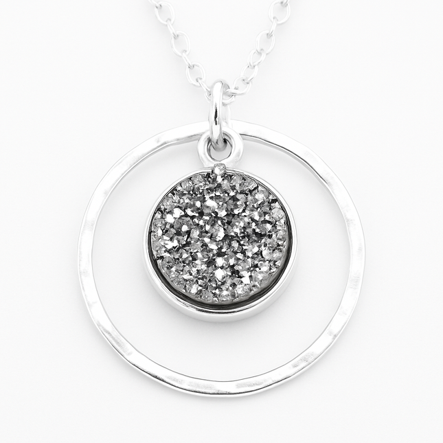 Druzy & Hammered Sterling Silver Halo Necklace – 18 Inch