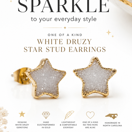 OOAK White Druzy Star Stud Earrings