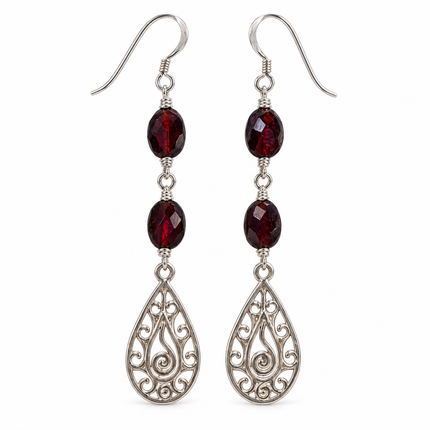 Crimson Scroll – Garnet Filigree Earrings