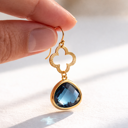 Blue Glass Clover Drop Earrings – Gold Filled Ear Wires – 1.5" Dangle Earrings