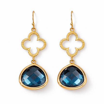 Blue Glass Clover Drop Earrings – Gold Filled Ear Wires – 1.5" Dangle Earrings
