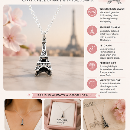 Paris Charm Necklace – Sterling Silver Eiffel Tower Necklace