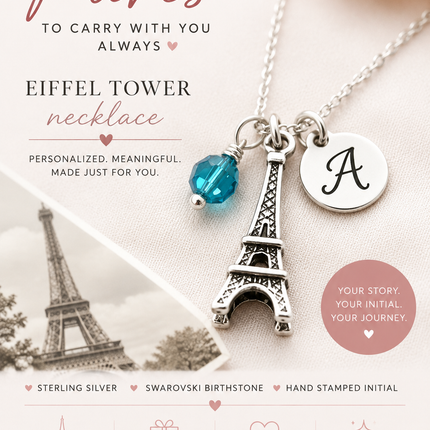 Eiffel Tower Necklace – Sterling Silver with Birthstone & Initial Charm