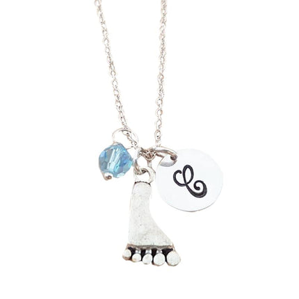 Personalized Sterling Silver Foot Charm Necklace – Custom Birthstone & Initial