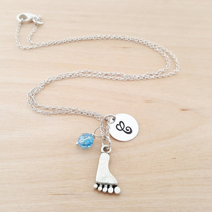 Personalized Sterling Silver Foot Charm Necklace – Custom Birthstone & Initial