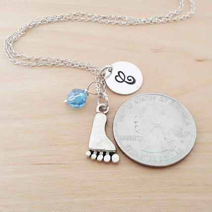 Personalized Sterling Silver Foot Charm Necklace – Custom Birthstone & Initial