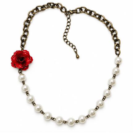 Bronze chain necklace featuring a red rose charm and a string of white round pearls on a white background.