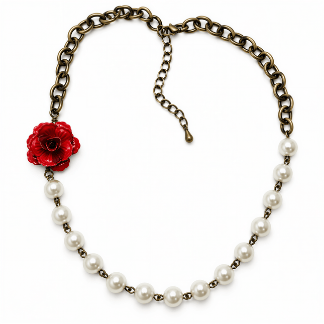 Bronze chain necklace featuring a red rose charm and a string of white round pearls on a white background.