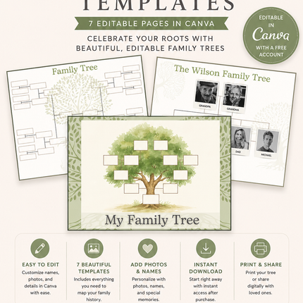 Editable Family Tree Template | 7 Printable Canva Pages